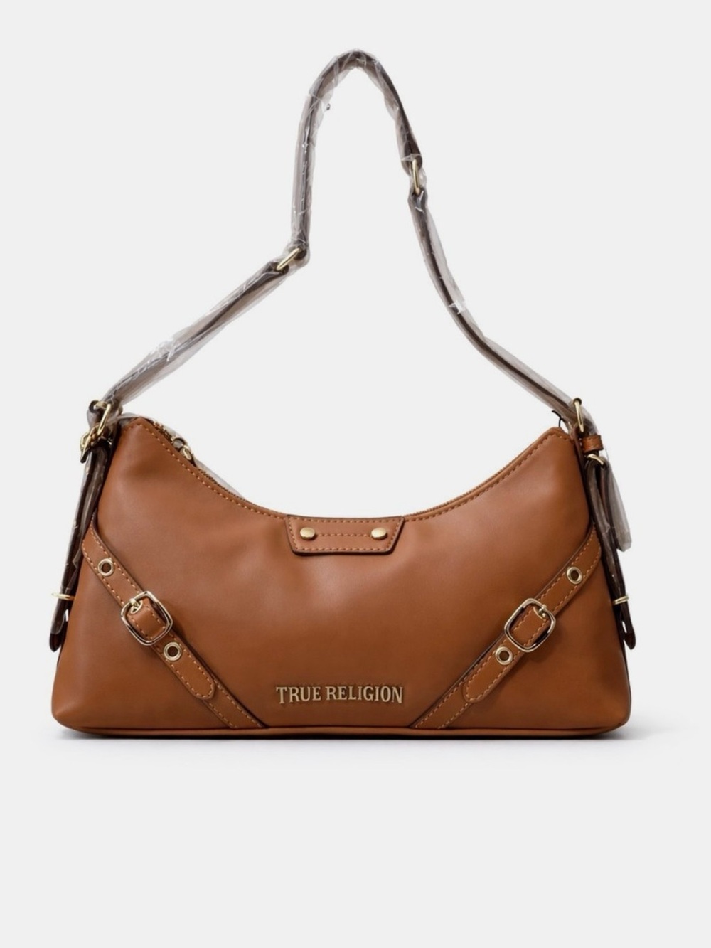 True Religion Cognac Leather Shoulder Bag with Gold Chain